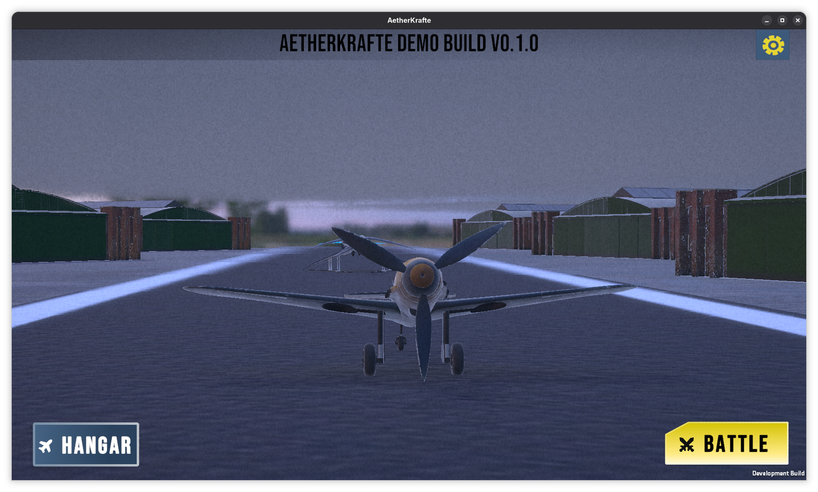 AetherKrafte propeller aircraft waiting on the runway outside the hangar.