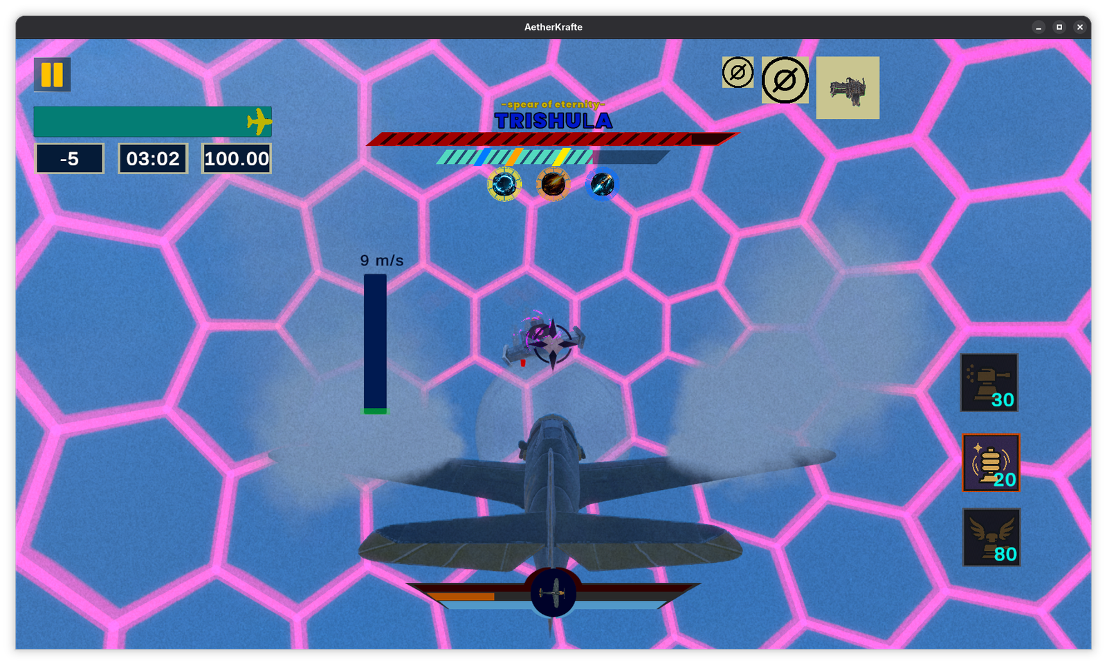 AetherKrafte biplane facing Tribula at close range in the arena.