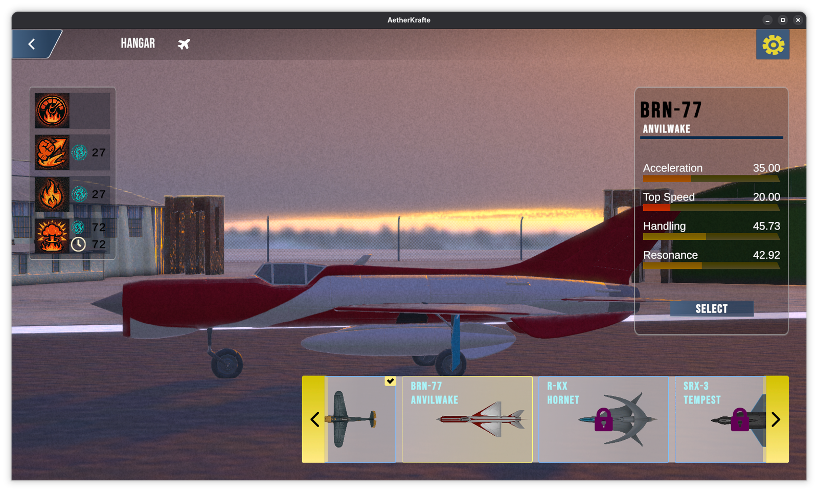 AetherKrafte aircraft selection showing the BRN-77 Anvilwake on the runway.