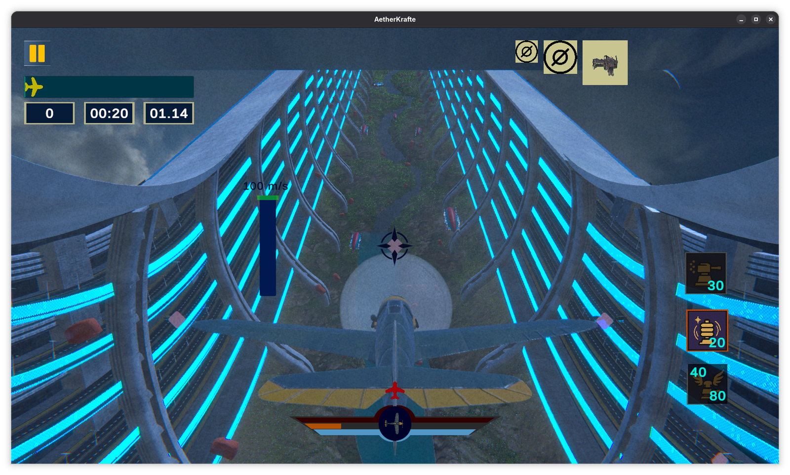 AetherKrafte propeller aircraft flying through a blue-lit corridor.