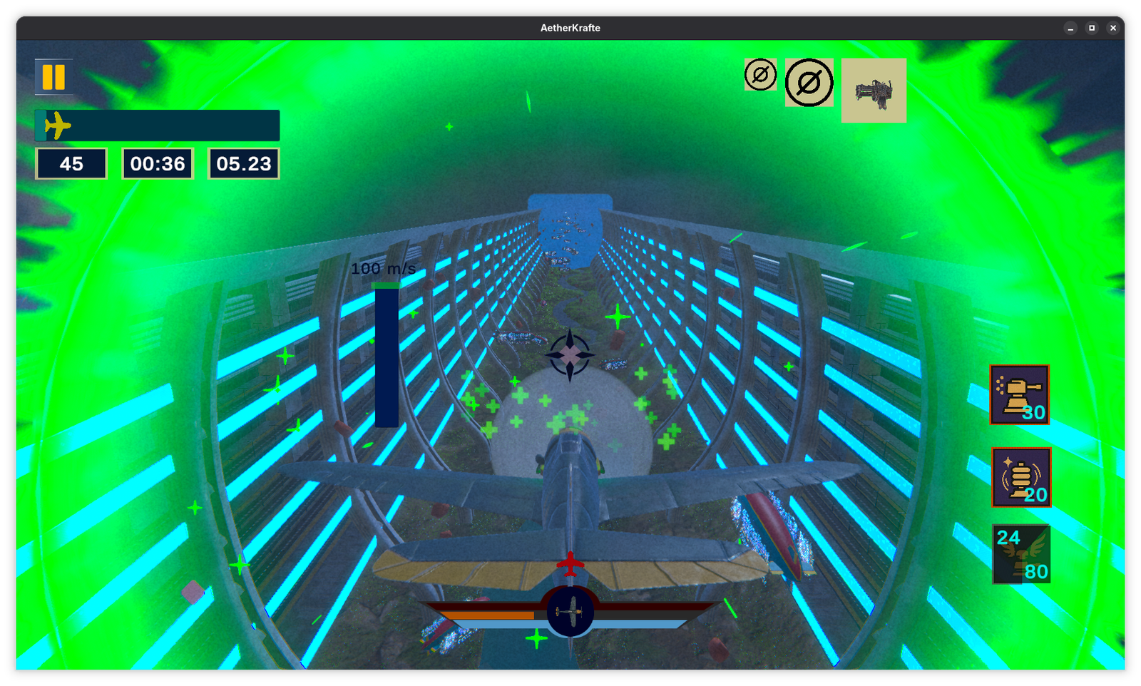 AetherKrafte aircraft flying through a green ability effect in a blue-lit corridor.