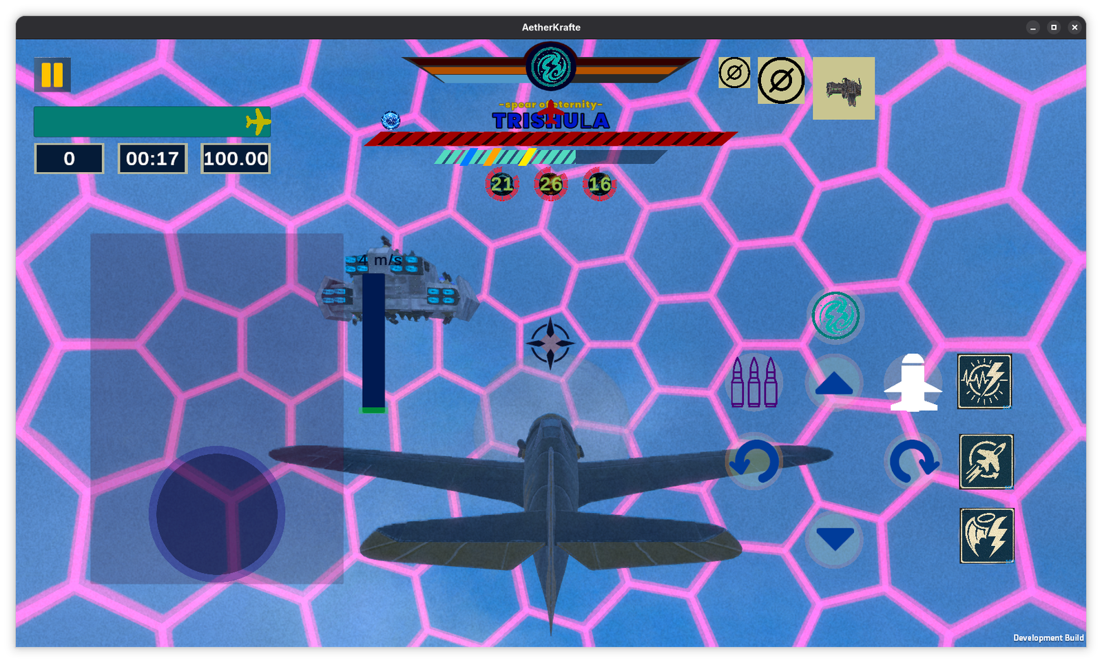 AetherKrafte aircraft confronting Tribula inside a magenta hexagonal arena.