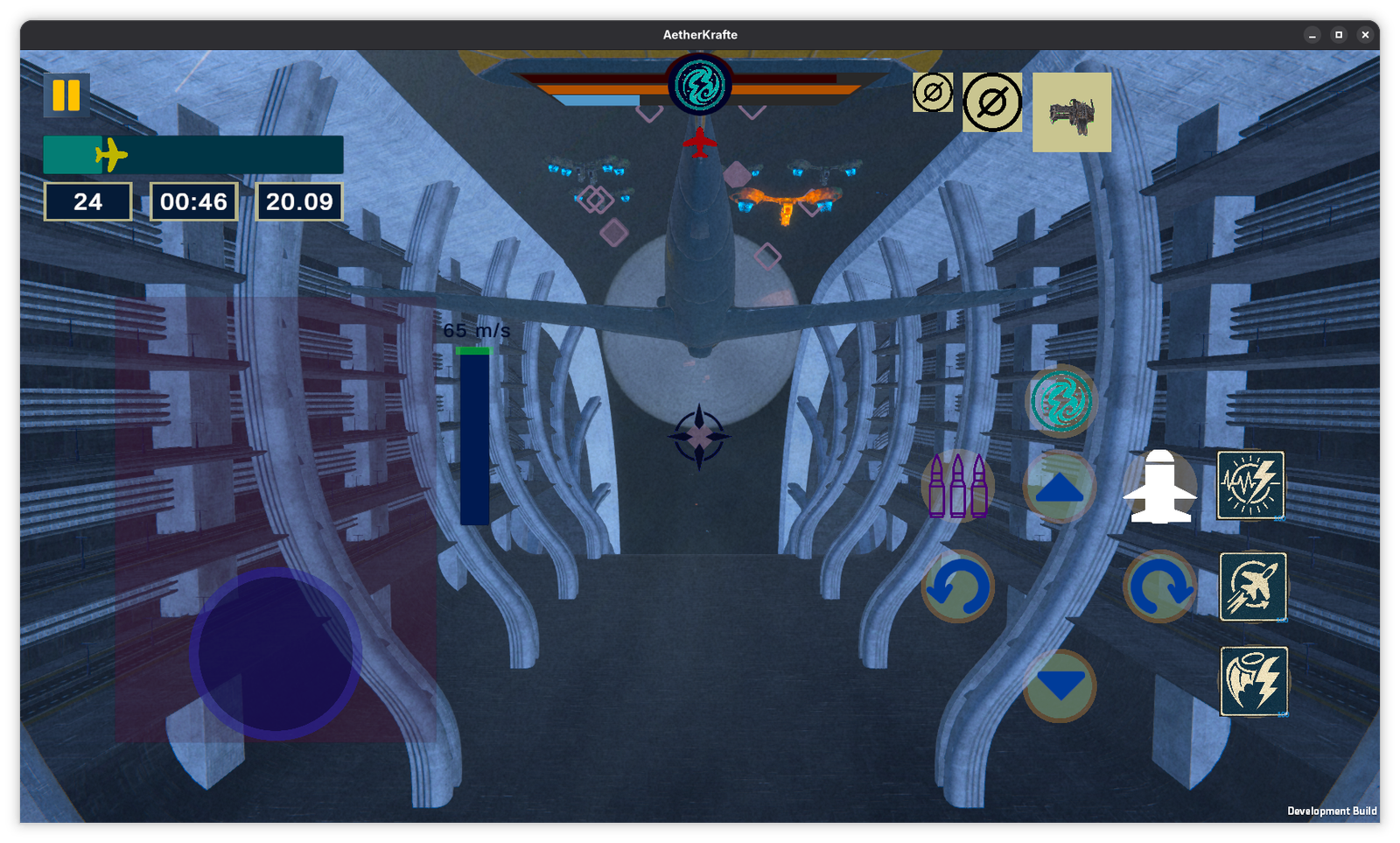AetherKrafte aerial combat through the ribbed interior of a large structure.